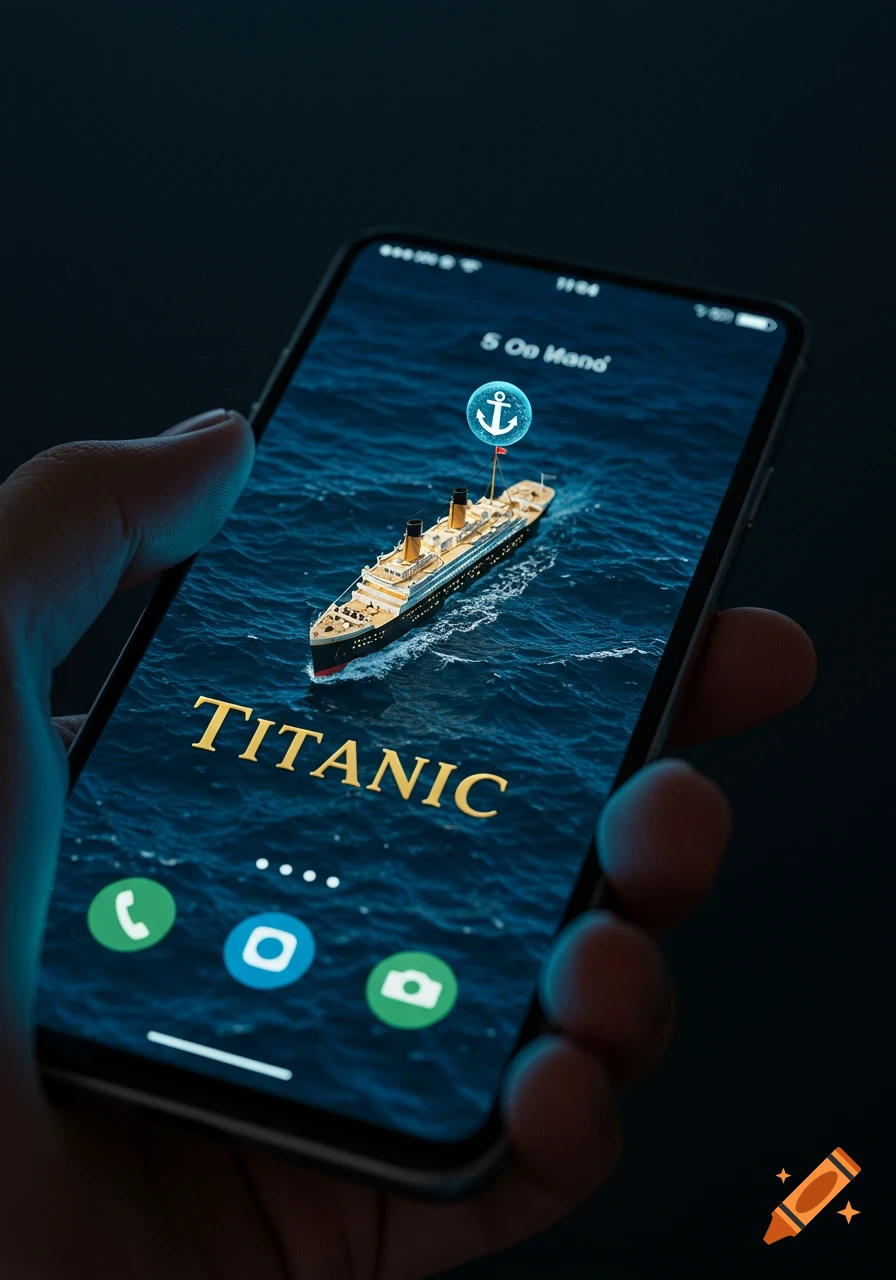 A hand holding a smartphone showing the Titanic ship on a deep blue ocean wallpaper, with 'TITANIC' text on the screen.