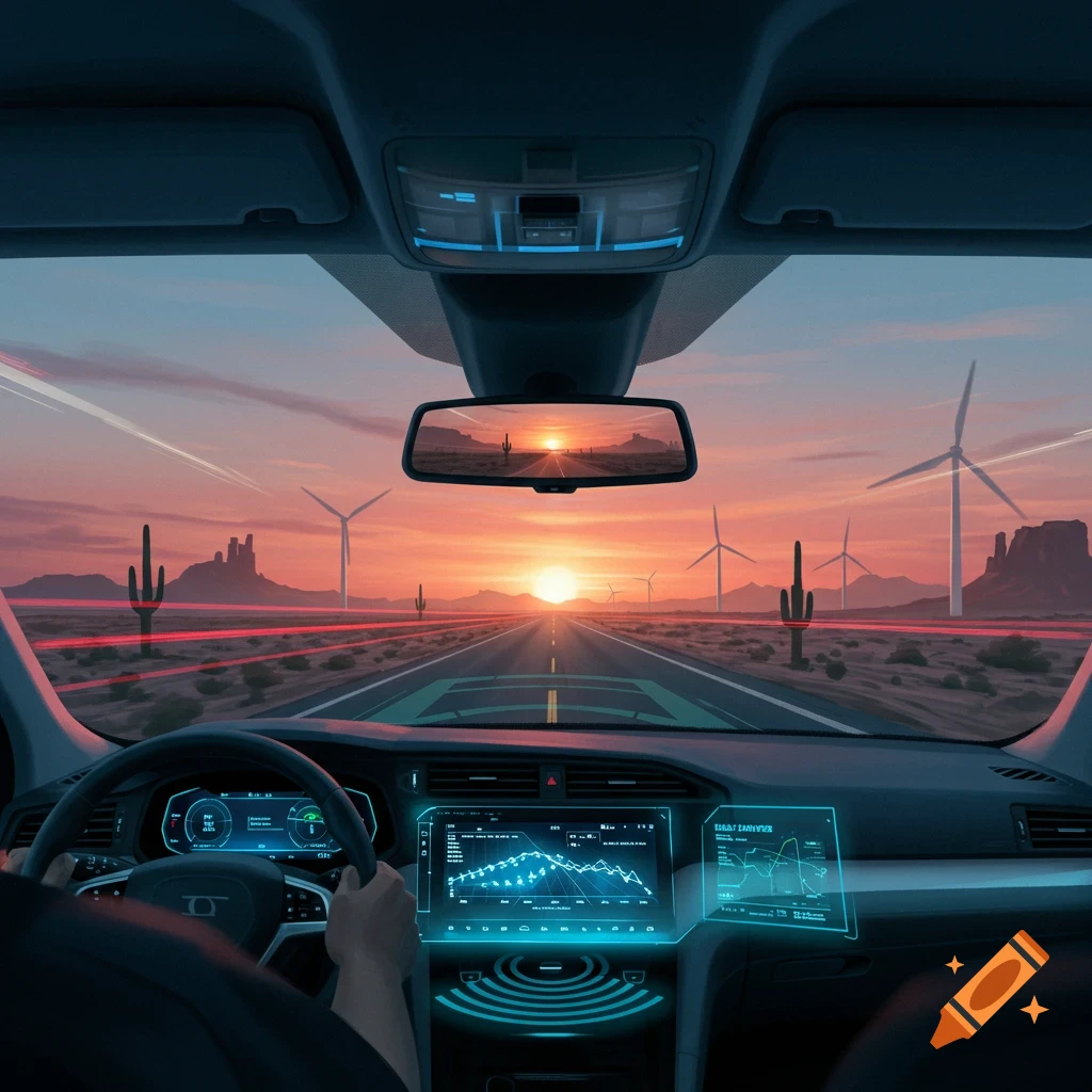View from inside a futuristic car driving through a desert landscape at sunset, with glowing dashboard screens and wind turbines.