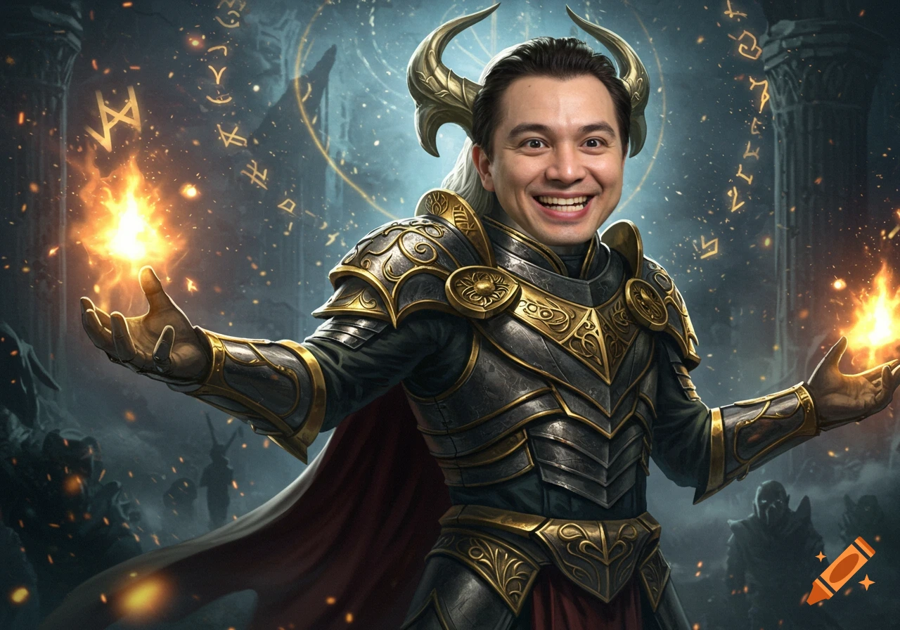 A smiling man with horns and ornate fantasy armor casts fire spells in a magical ruin.