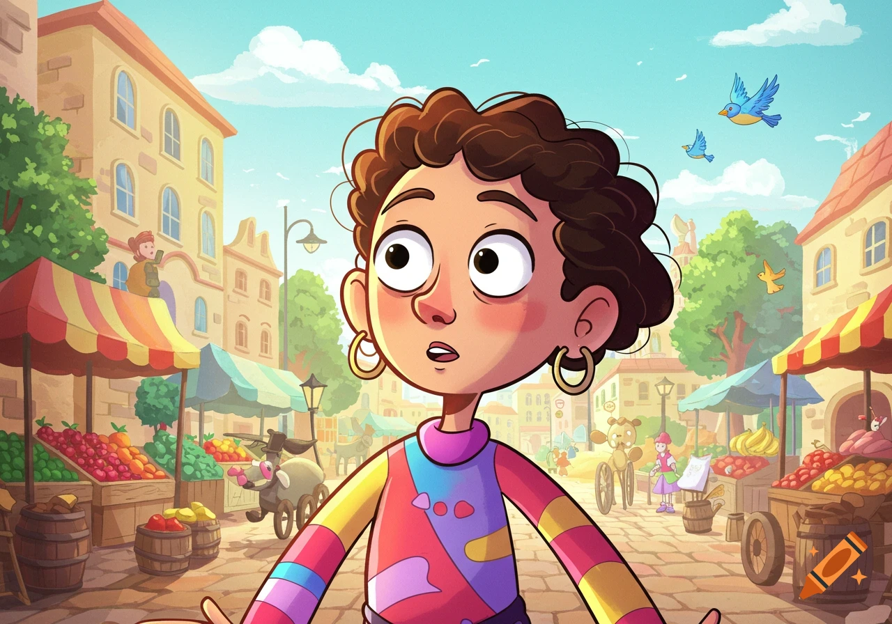 Cartoon character with curly hair and colorful shirt looking forward in a bustling outdoor market with fruit stalls, buildings, and birds.