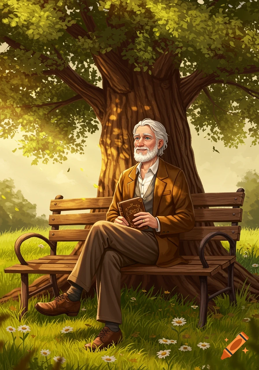 An elderly man with a white beard sits on a wooden bench under a large tree, holding a book in a lush green park. Illustrated style.