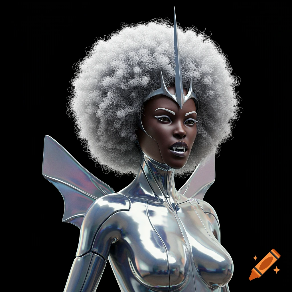 A futuristic Black woman with a white curly afro, chrome crown, fangs, and chrome bat wings, wearing metallic armor against a black background.