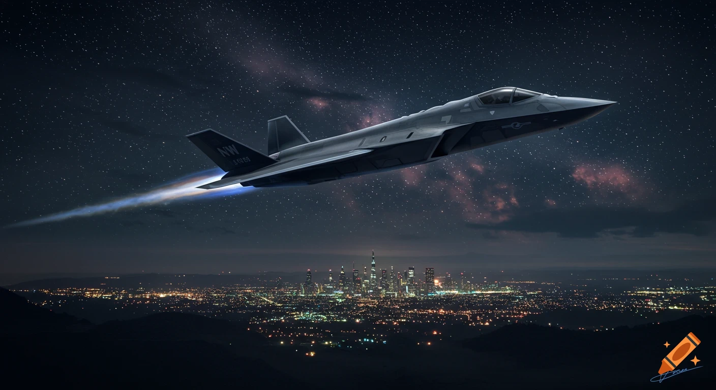 A sleek, dark futuristic stealth fighter jet soars through a starry night sky above a brightly lit city skyline.