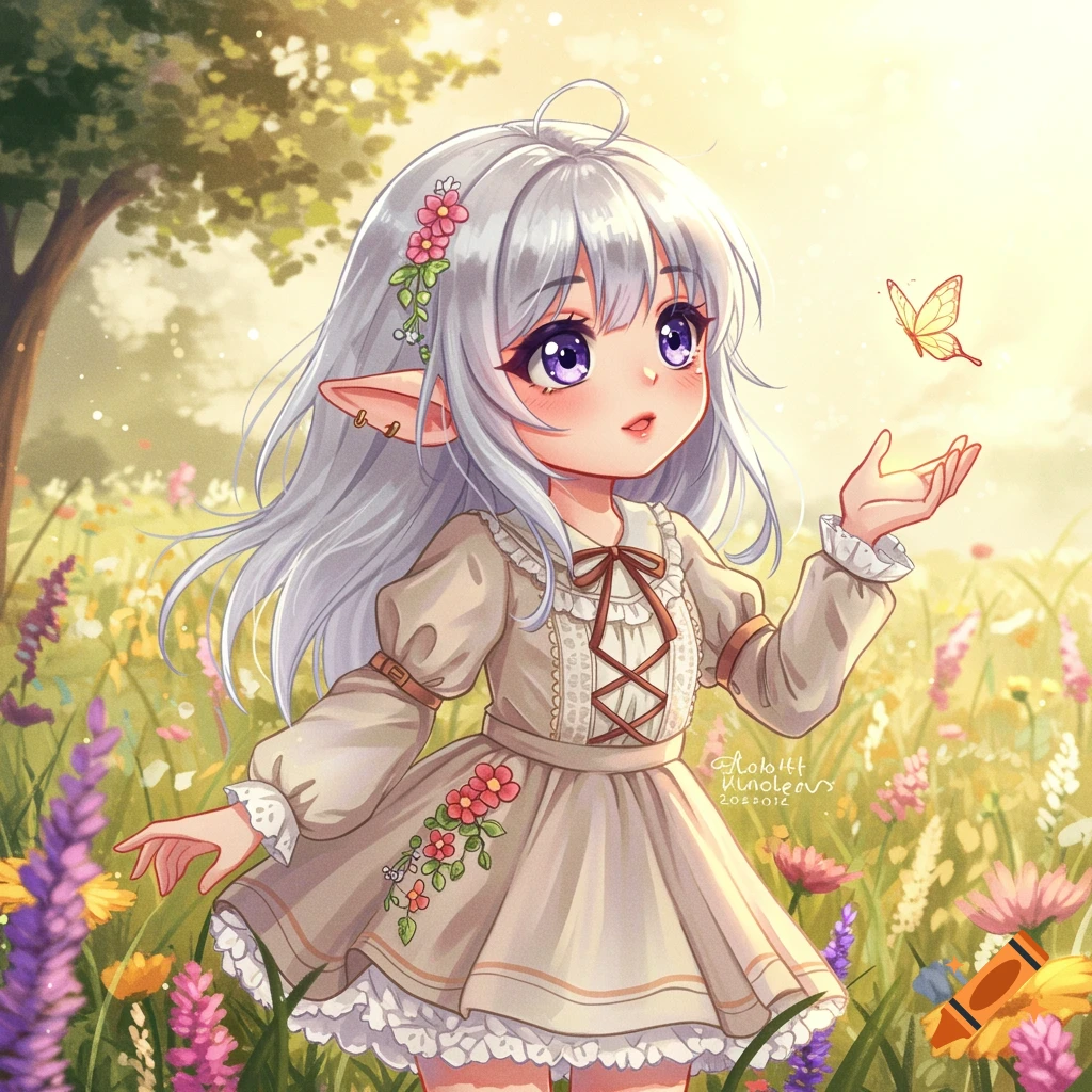 A cute anime elf girl with long silver hair and purple eyes, wearing a brown dress, stands in a vibrant wildflower field reaching out to a butterfly.