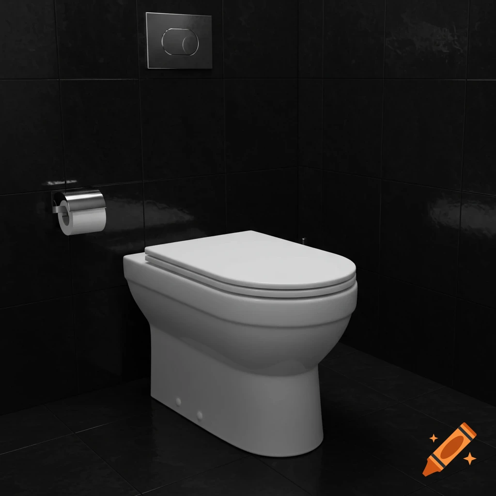 A white toilet in a modern bathroom with black tiled walls and floor, and chrome fixtures.