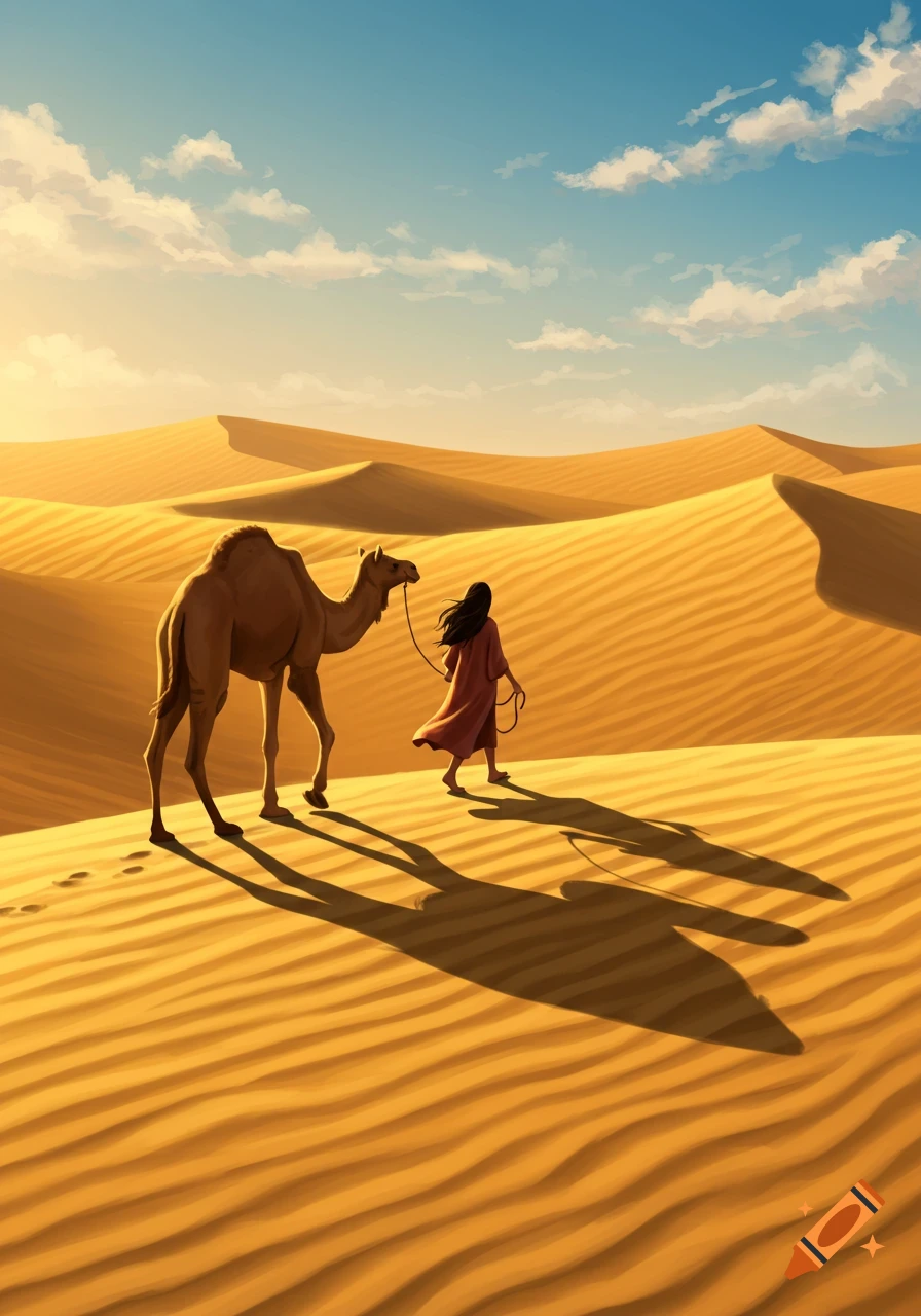 A person leads a camel through vast, rippling sand dunes under a bright, sunny sky with scattered clouds.