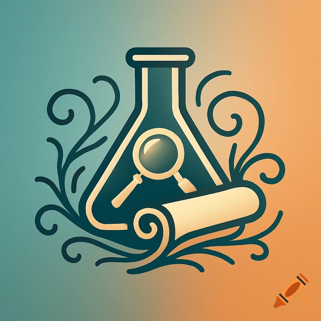 A stylized icon featuring a dark teal beaker, a beige magnifying glass, and a scroll surrounded by swirling foliage on a gradient background.