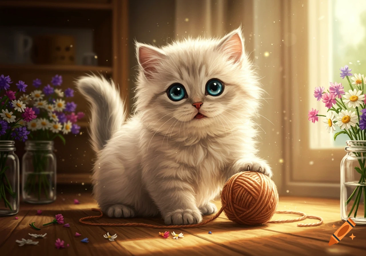 A fluffy white kitten with big blue eyes plays with orange yarn on a wooden floor in a sunlit, stylized illustration.