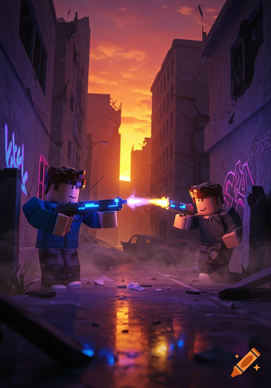 Two Roblox characters in a ruined city exchange laser fire at sunset.
