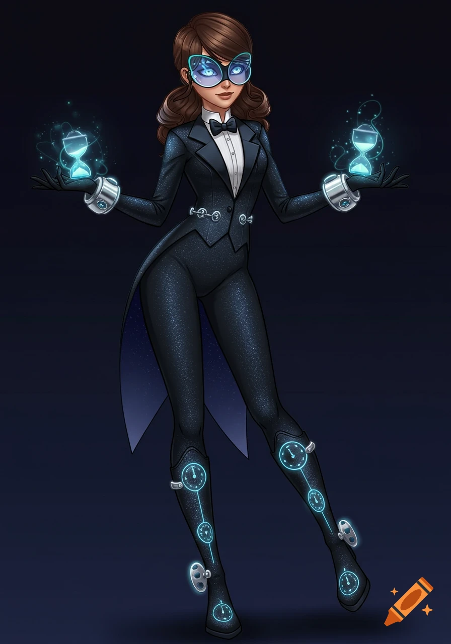 A female character in a futuristic sparkling black tuxedo-style bodysuit, blue glowing cat-eye mask, holding glowing hourglasses, with clock-like patterns on her boots.
