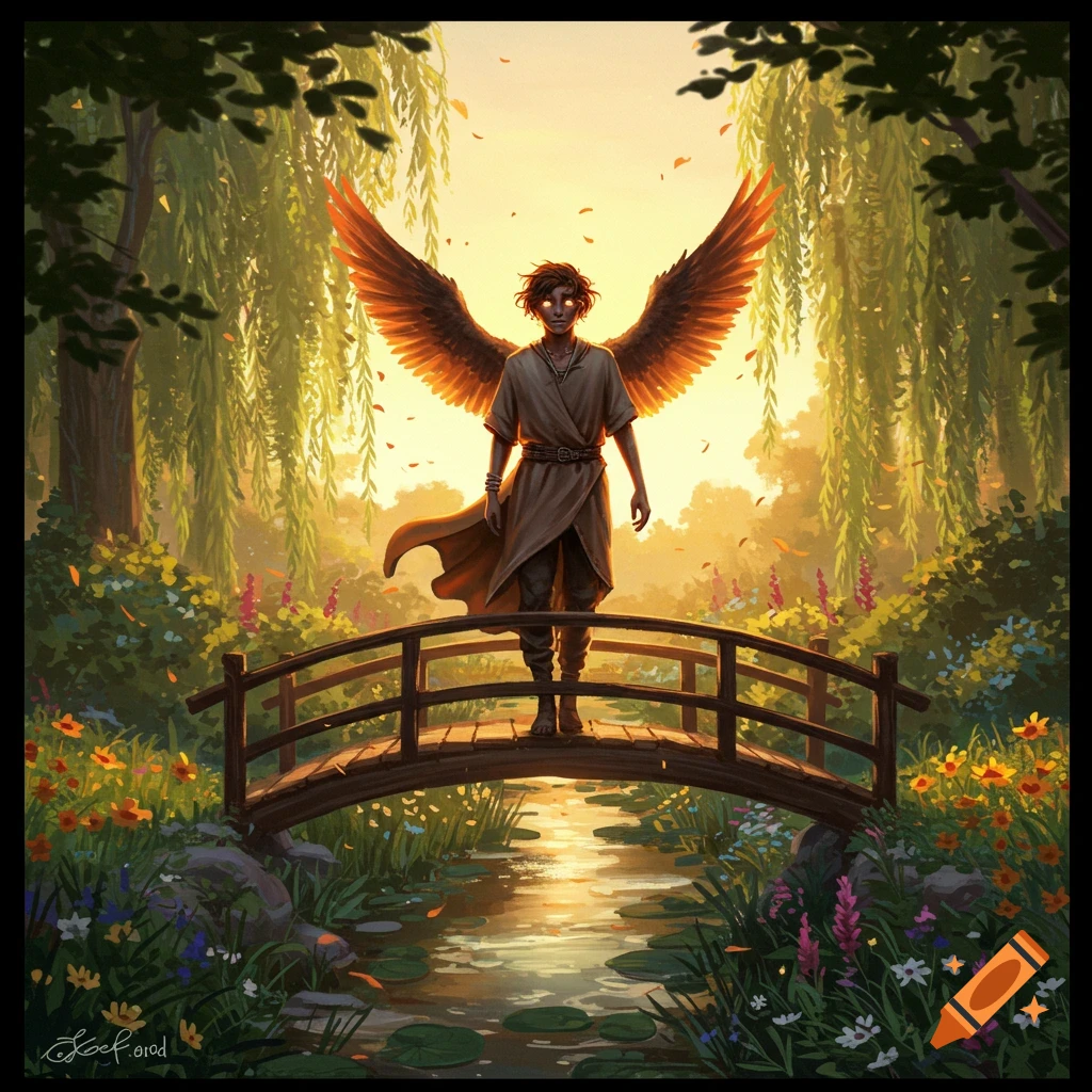A fantasy painting of a winged person with glowing eyes standing on a wooden bridge in a lush, sunlit garden.