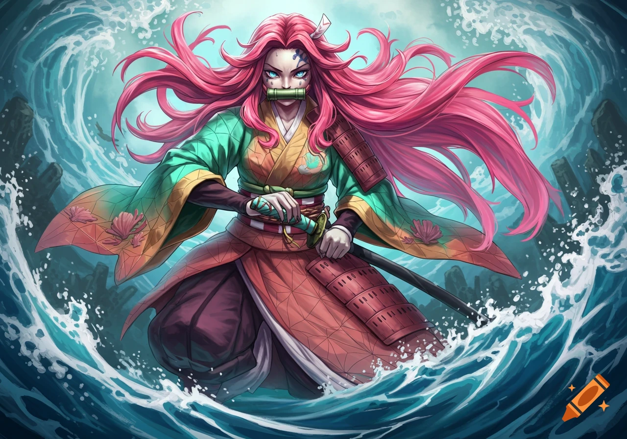 Anime-style female character with long pink hair and a bamboo muzzle, dressed in a kimono and samurai armor, wielding a sword in swirling blue water.