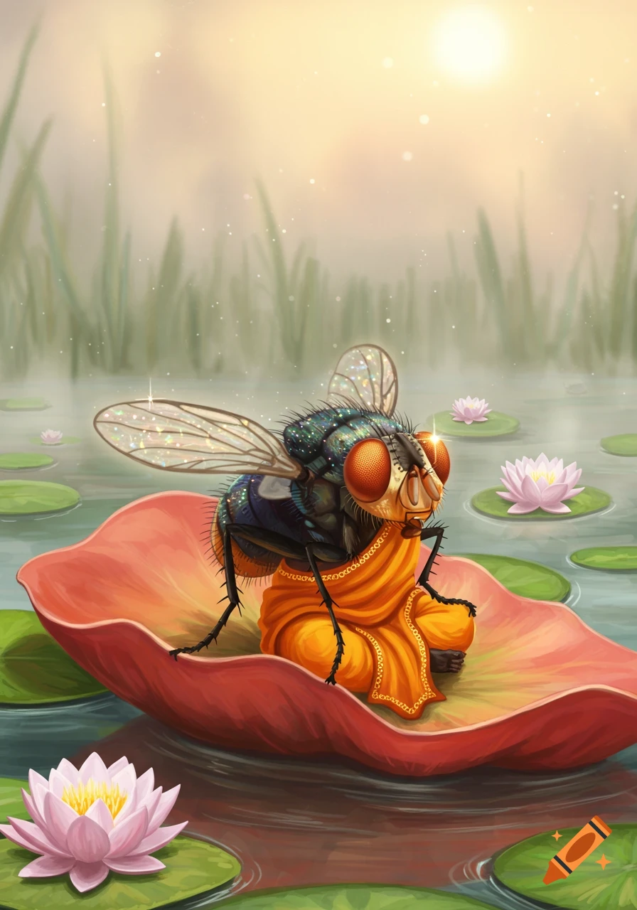 A housefly dressed as an Indian guru meditates on a red lotus leaf in a pond with pink lotus flowers, in a digital art style.