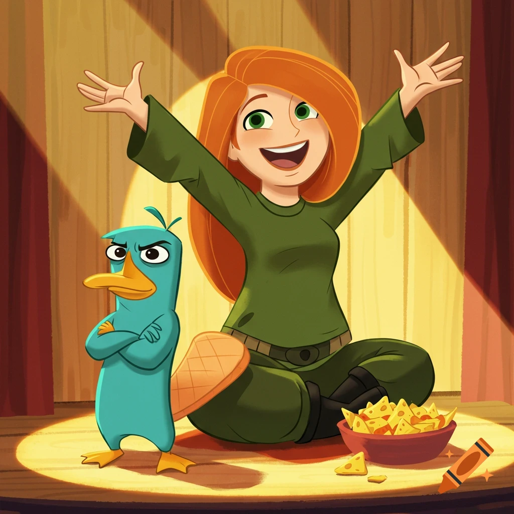 Cartoon image of Kim Possible sitting with arms raised, next to Perry the Platypus standing with arms crossed, on a stage with nachos.