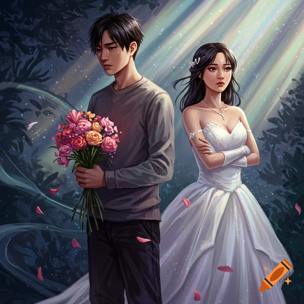 Anime art of a sad Asian man with wilting flowers and an Asian woman in a wedding dress, looking away in a forest.