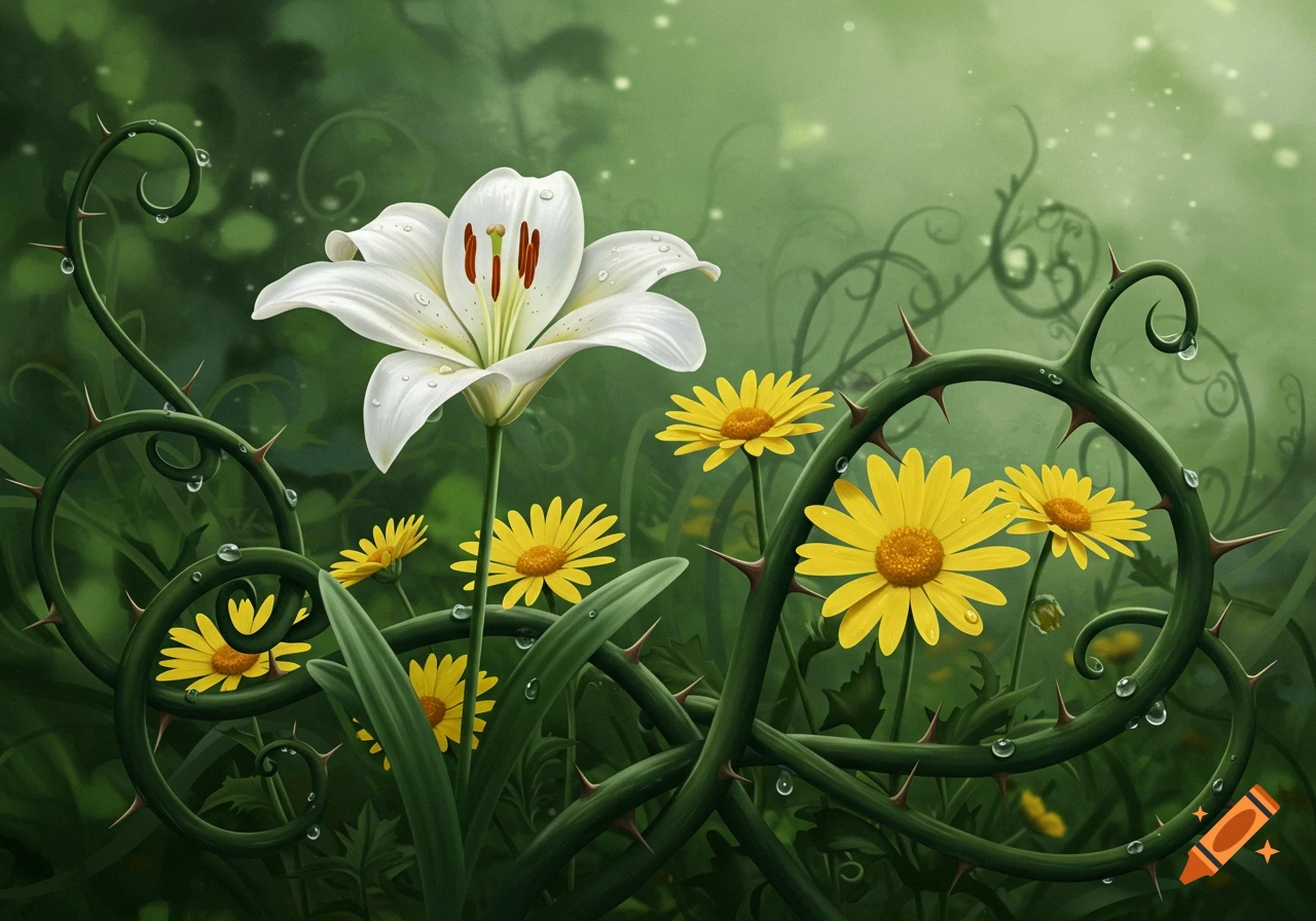 A white lily and yellow daisies among thorny, swirling vines with water droplets in a lush green, illustrative setting.