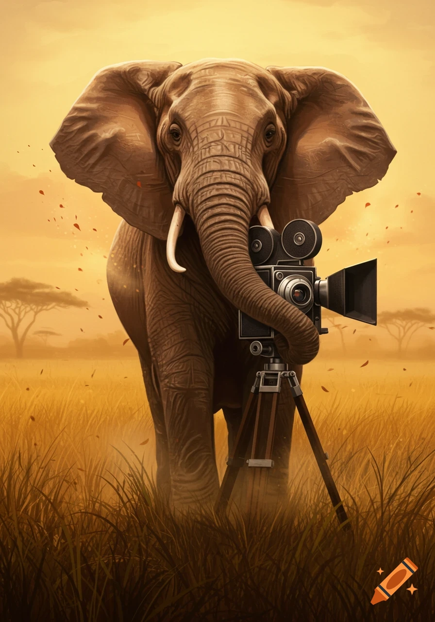 A majestic elephant holds a vintage movie camera with its trunk, standing in a golden savanna.