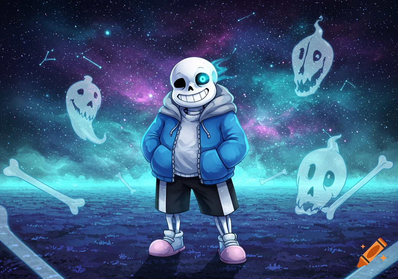 Sans from Undertale stands in a starry cosmic landscape with floating ghost-like figures and bones.