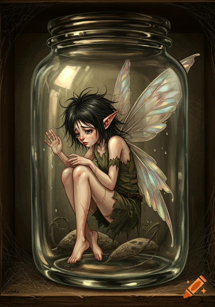A sad, disheveled fairy with black hair and iridescent wings cries while sitting inside a glass jar on a dusty shelf, in a semi-realistic anime style.