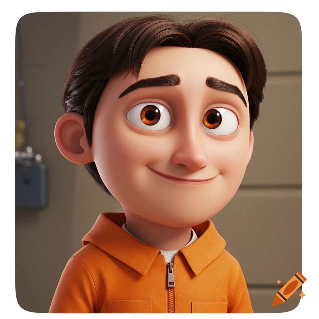 Close-up of Victor from Despicable Me, a cartoon boy with brown hair and big brown eyes, smiling in an orange jacket.