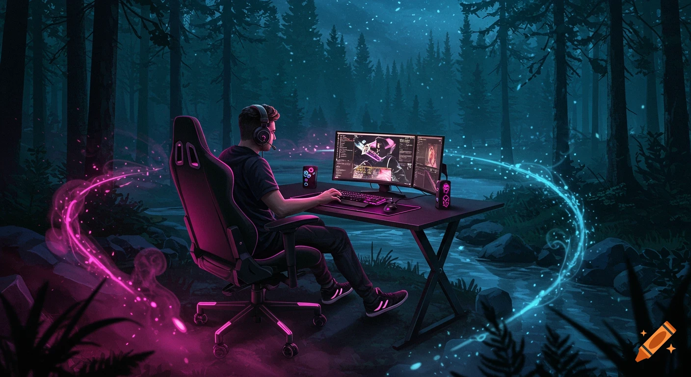 A gamer with headphones at a desk with dual monitors in a dark forest, surrounded by glowing pink and blue lights.