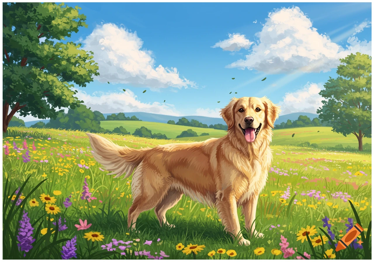 A happy golden retriever stands in a colorful field of wildflowers under a bright blue sky, in an illustrated style.