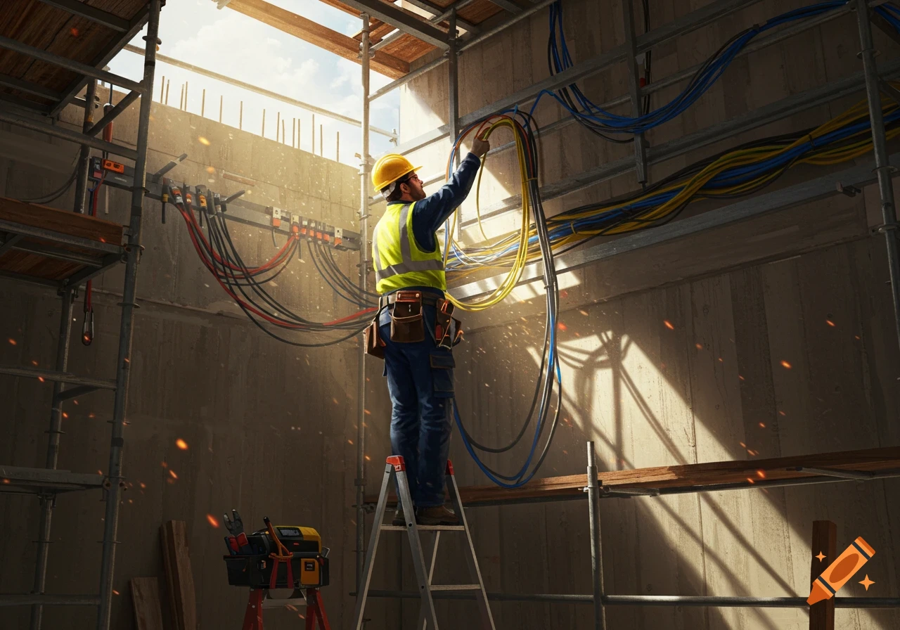 A construction worker in a hard hat and safety vest installs electrical wiring on a concrete wall amidst scaffolding, illuminated by sunlight.