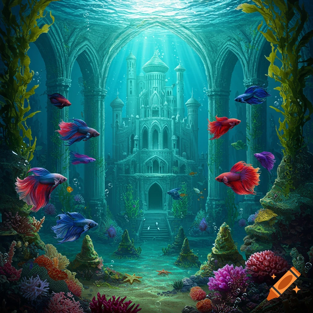 An ancient ornate underwater castle with colorful betta fish swimming among vibrant coral and seaweed, bathed in light from above.