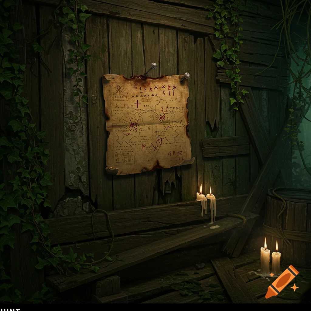 A detailed, weathered map pinned to a rustic wooden wall, illuminated by flickering candlelight, with green vines creeping around the dark room.
