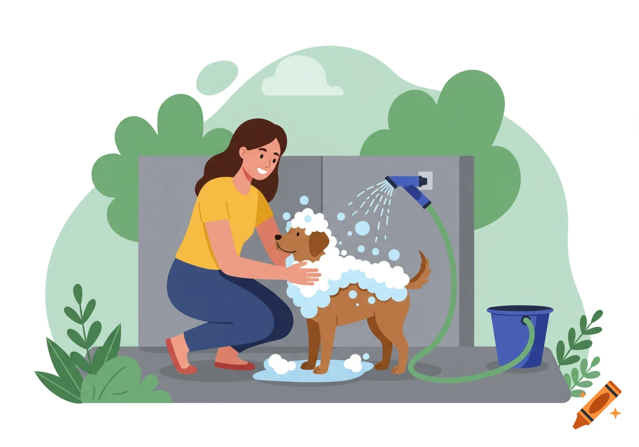 A smiling woman in a yellow shirt washing a brown dog outdoors with a hose and bucket in a flat illustration style.
