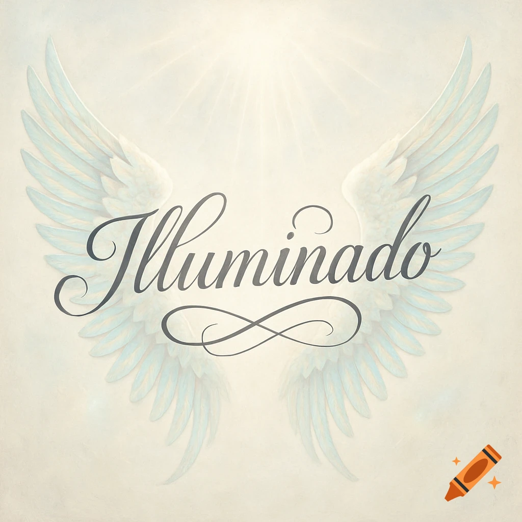 The word 'Illuminado' in elegant script with large white angel wings on a light background.