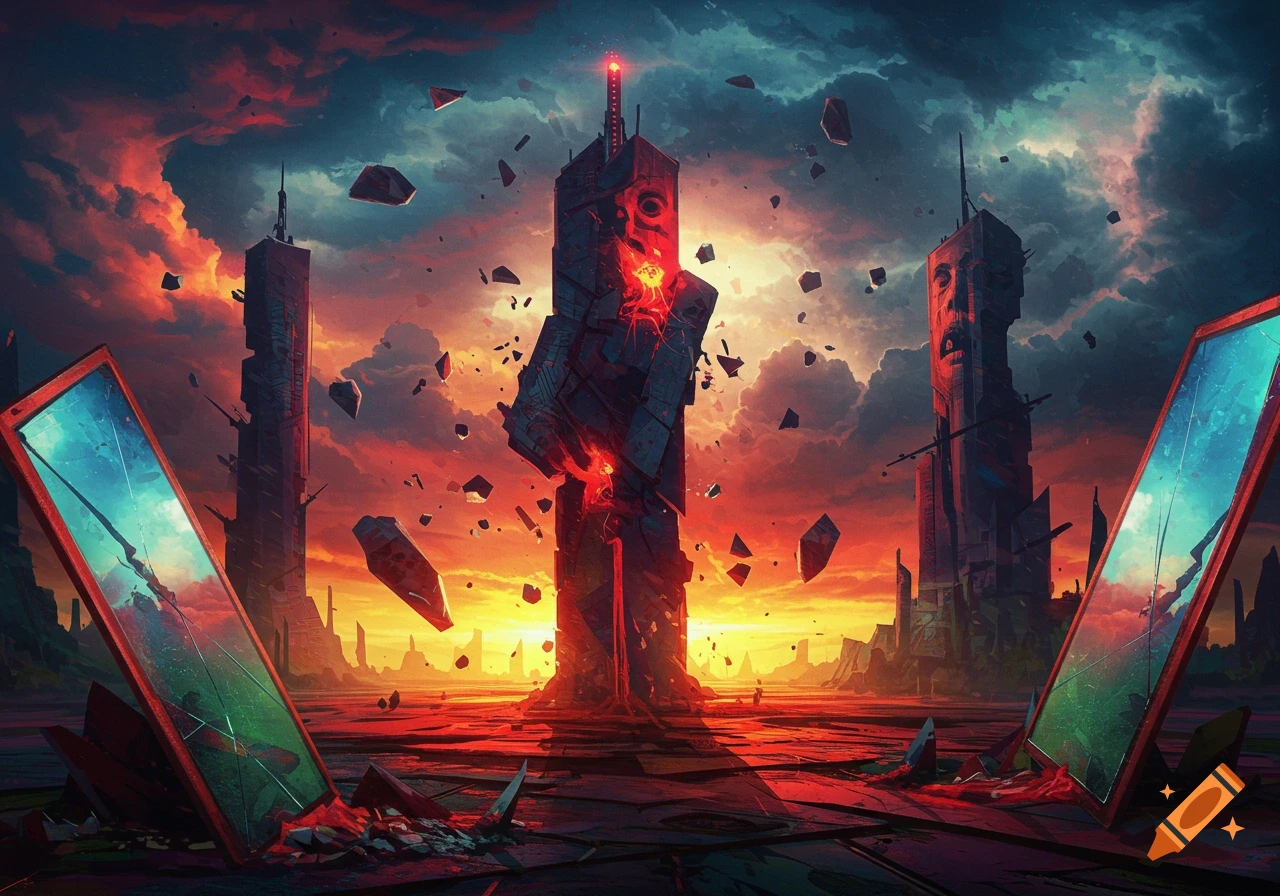 A dramatic, apocalyptic landscape with crumbling, monolithic structures and shattered glass, bathed in a fiery red and orange sky.