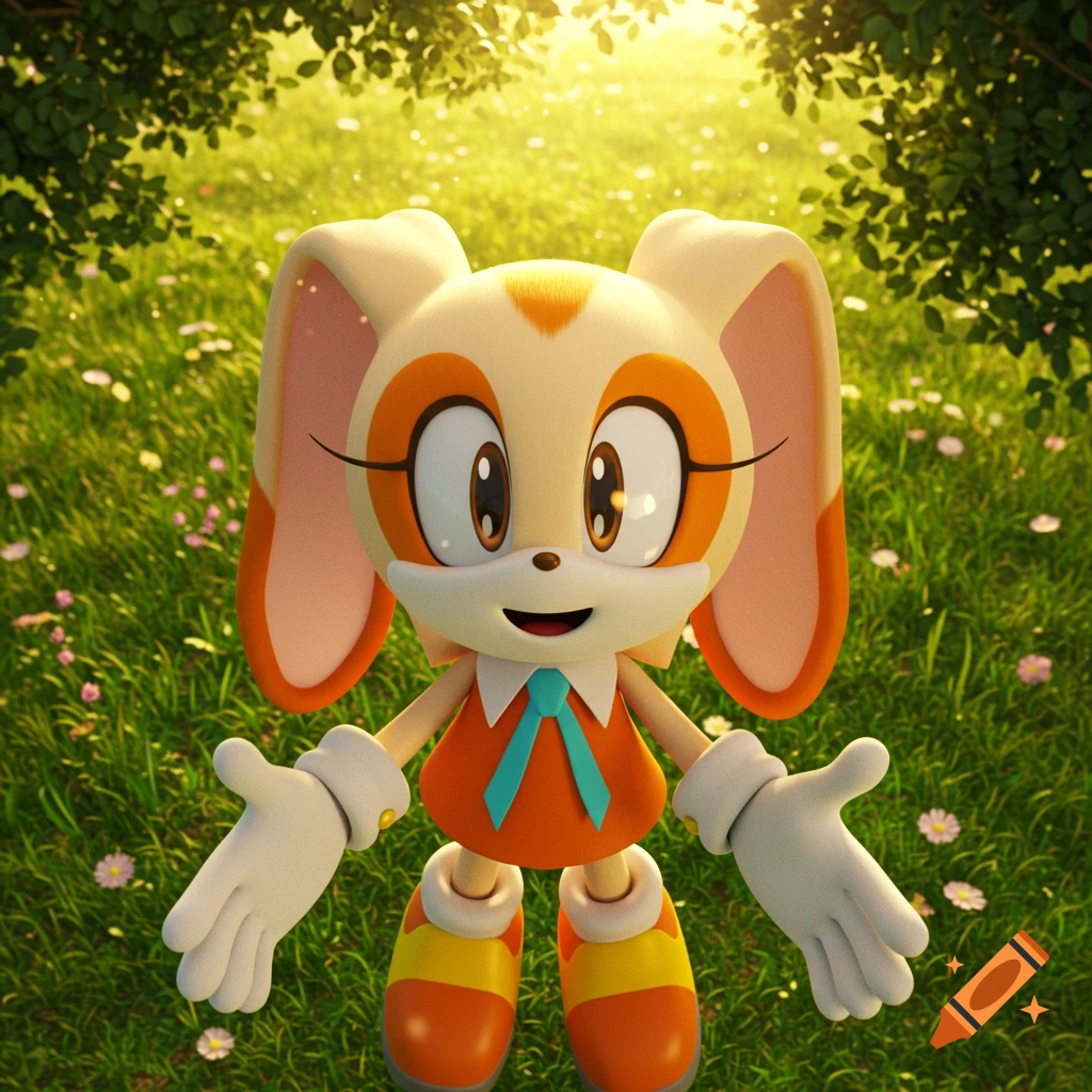 3D render of Cream the Rabbit smiling with outstretched arms in a sunny green field with trees.
