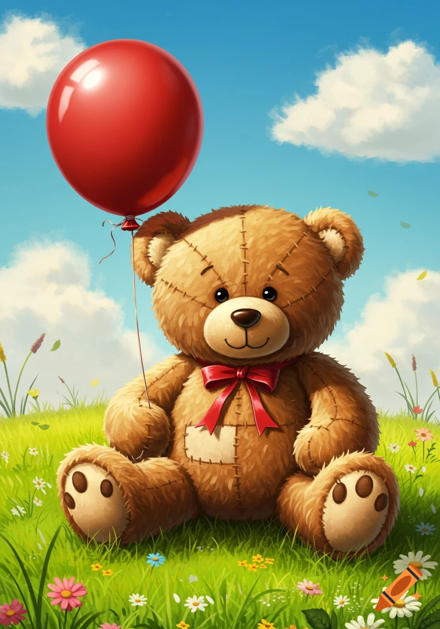 A cute brown teddy bear sits in a green field with colorful flowers, holding a red balloon under a blue sky with white clouds, in an illustrated style.
