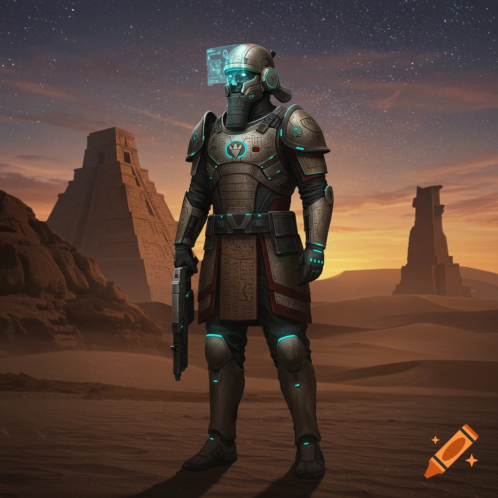 A futuristic ancient Sumerian soldier in detailed, illuminated armor stands in a vast desert landscape with pyramids under a starry sky.