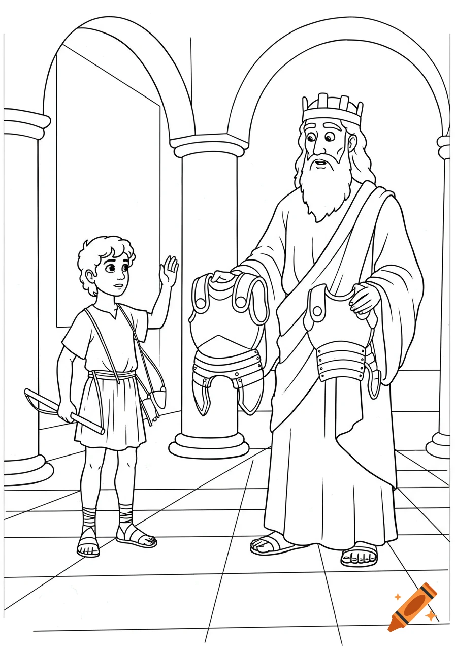 Line art coloring page of King Saul holding oversized armor for young David, who holds a sling and declines the offer.