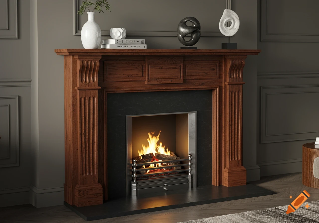 A wooden Georgian fireplace with a black marble hearth and a burning fire, adorned with decor on the mantel, in a modern room.