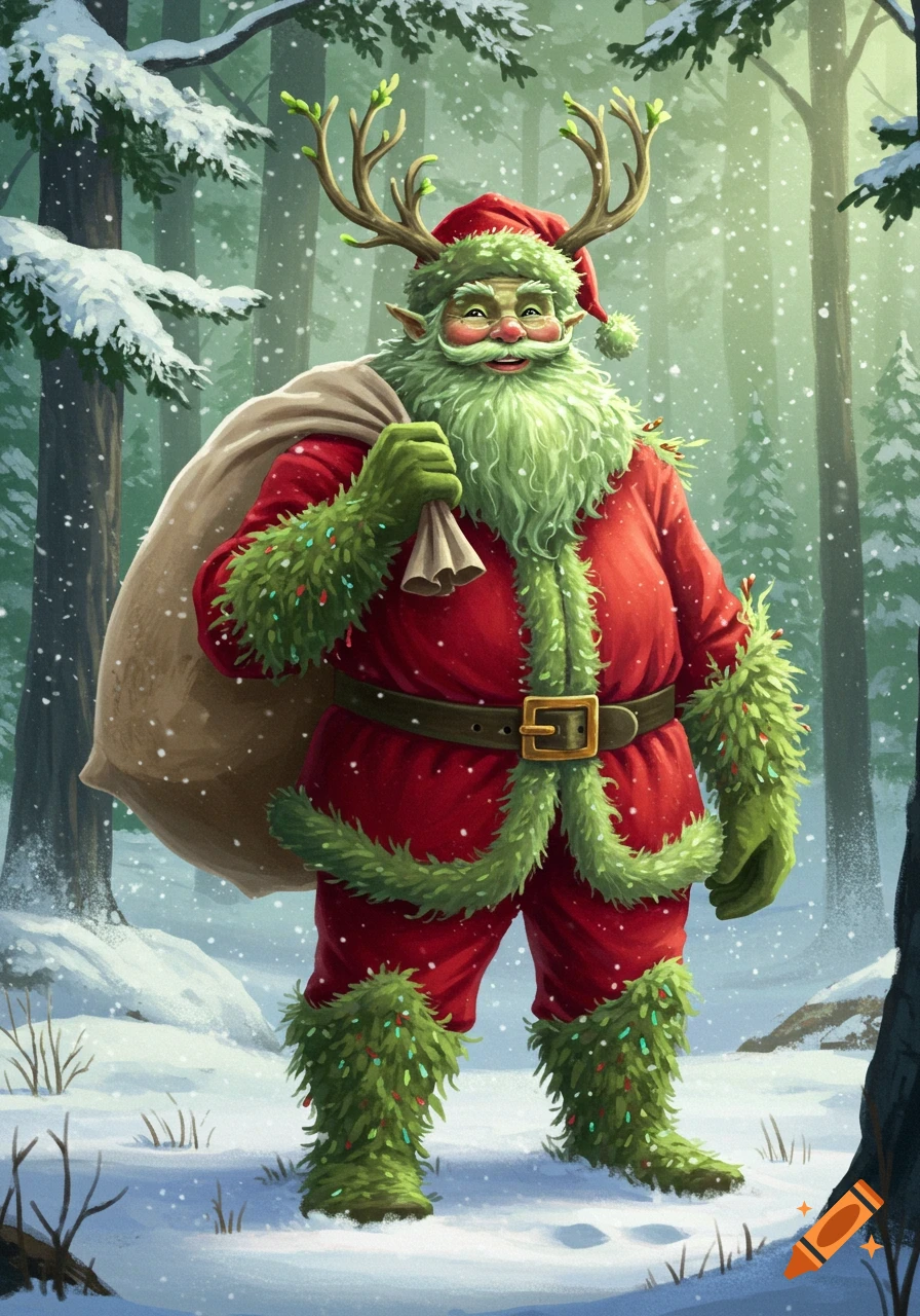 An illustrated fantasy image of a green-skinned, antlered Santa Claus in a red suit with leafy trim, carrying a sack in a snowy forest.