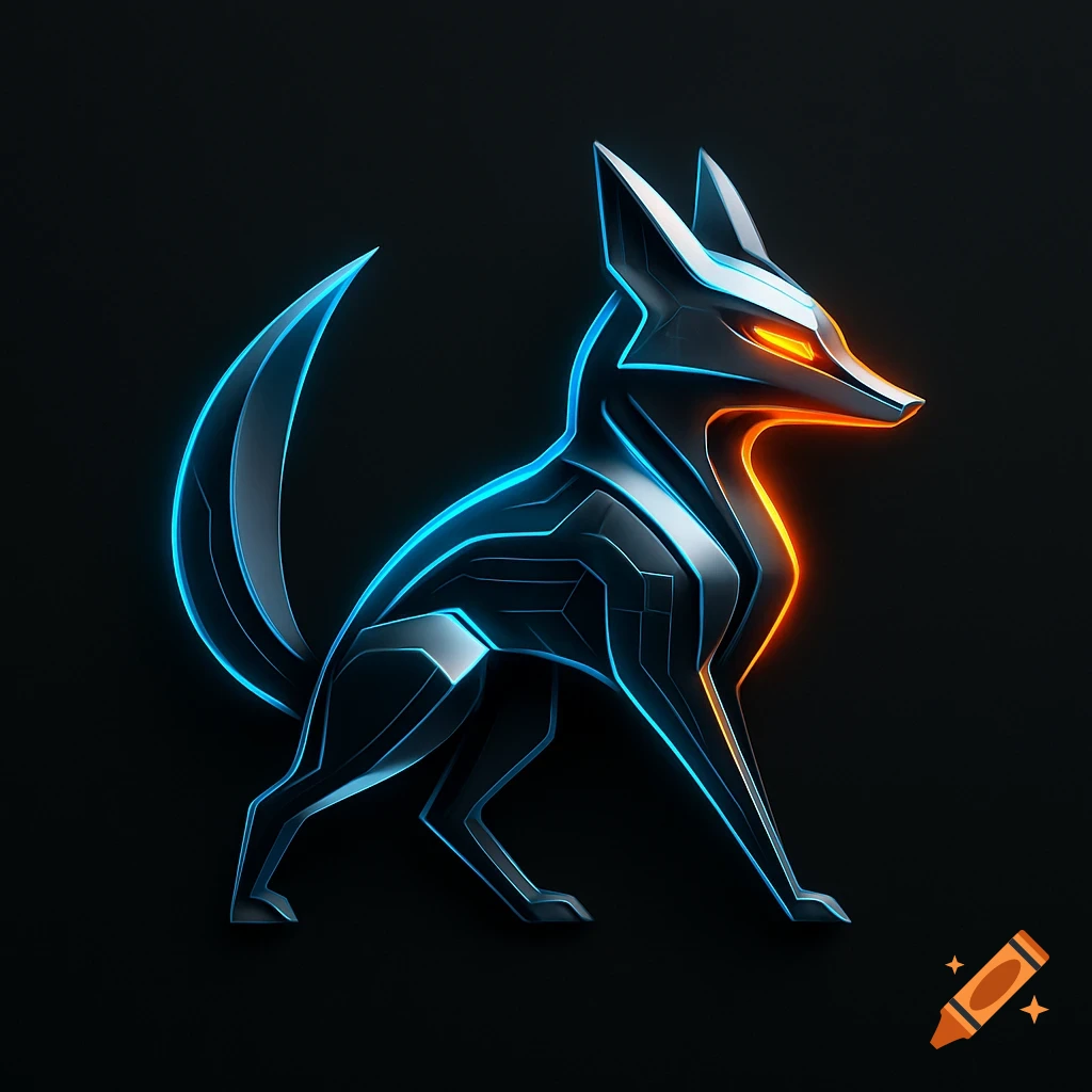 Stylized metallic fox logo with glowing blue and orange lines on a black background.