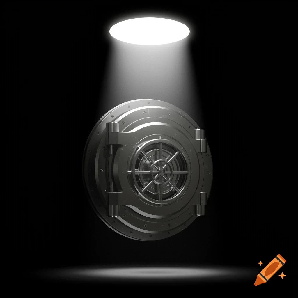 A secure, circular silver vault door is illuminated by a bright spotlight from above, against a stark black background.