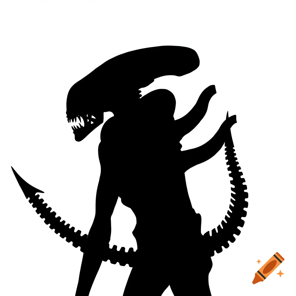 Black and white vector silhouette of a xenomorph monster.