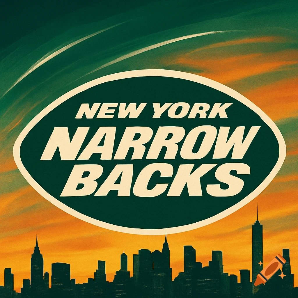 Retro-style logo for 'NEW YORK NARROW BACKS' in a green oval, above a black New York City skyline against an orange and green sky.