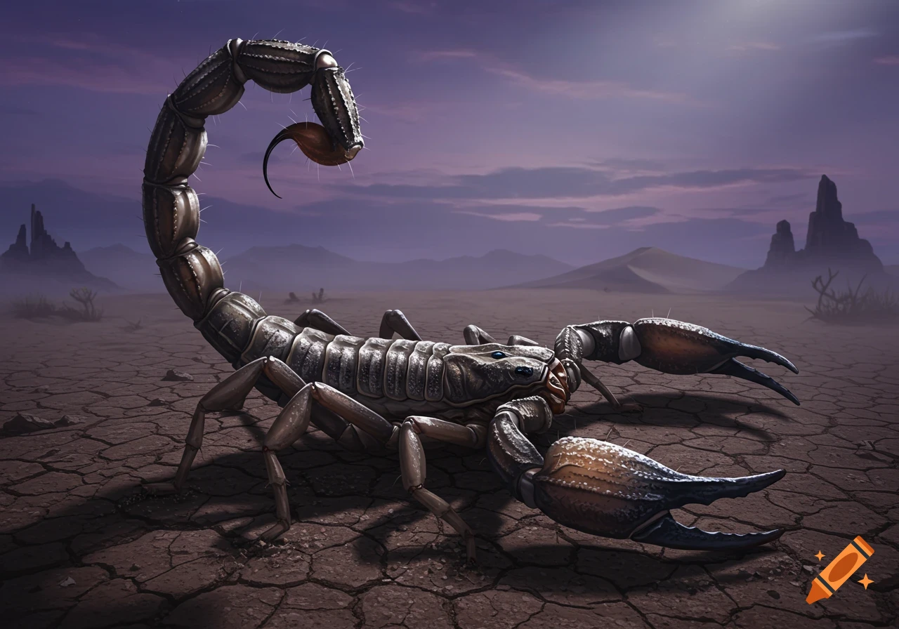 A large, detailed scorpion stands on cracked desert ground under a dramatic twilight sky with mountains in the background. Photorealistic digital art.