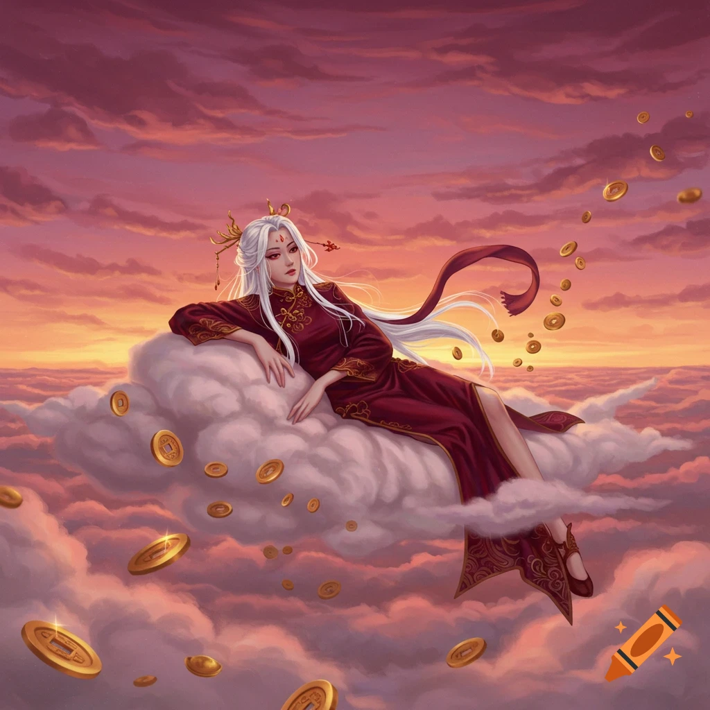 A white-haired Chinese woman in a maroon traditional dress reclines on a cloud, surrounded by floating golden coins against a vibrant sunset sky.