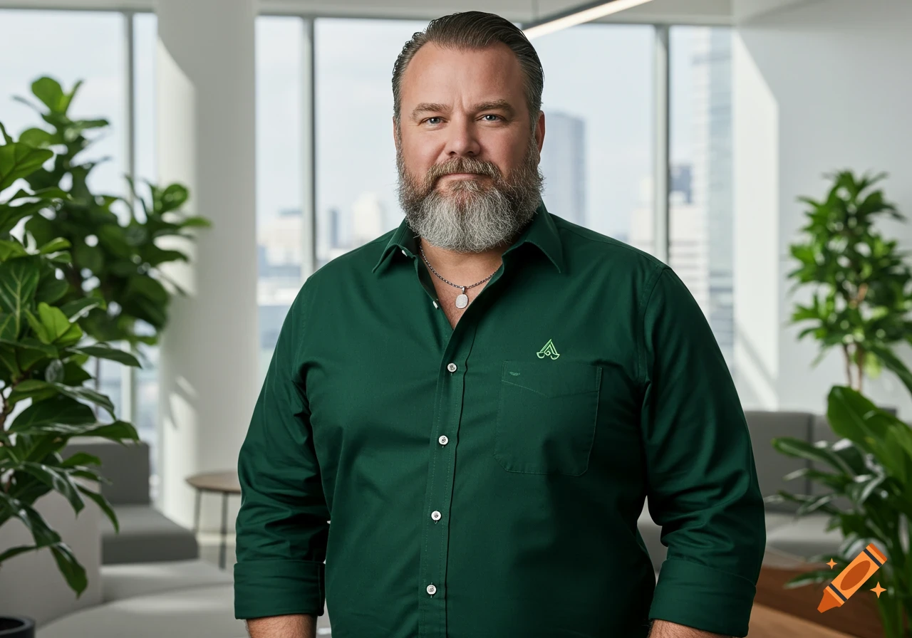 A photorealistic portrait of a bearded man in a green shirt and silver necklace in an office.