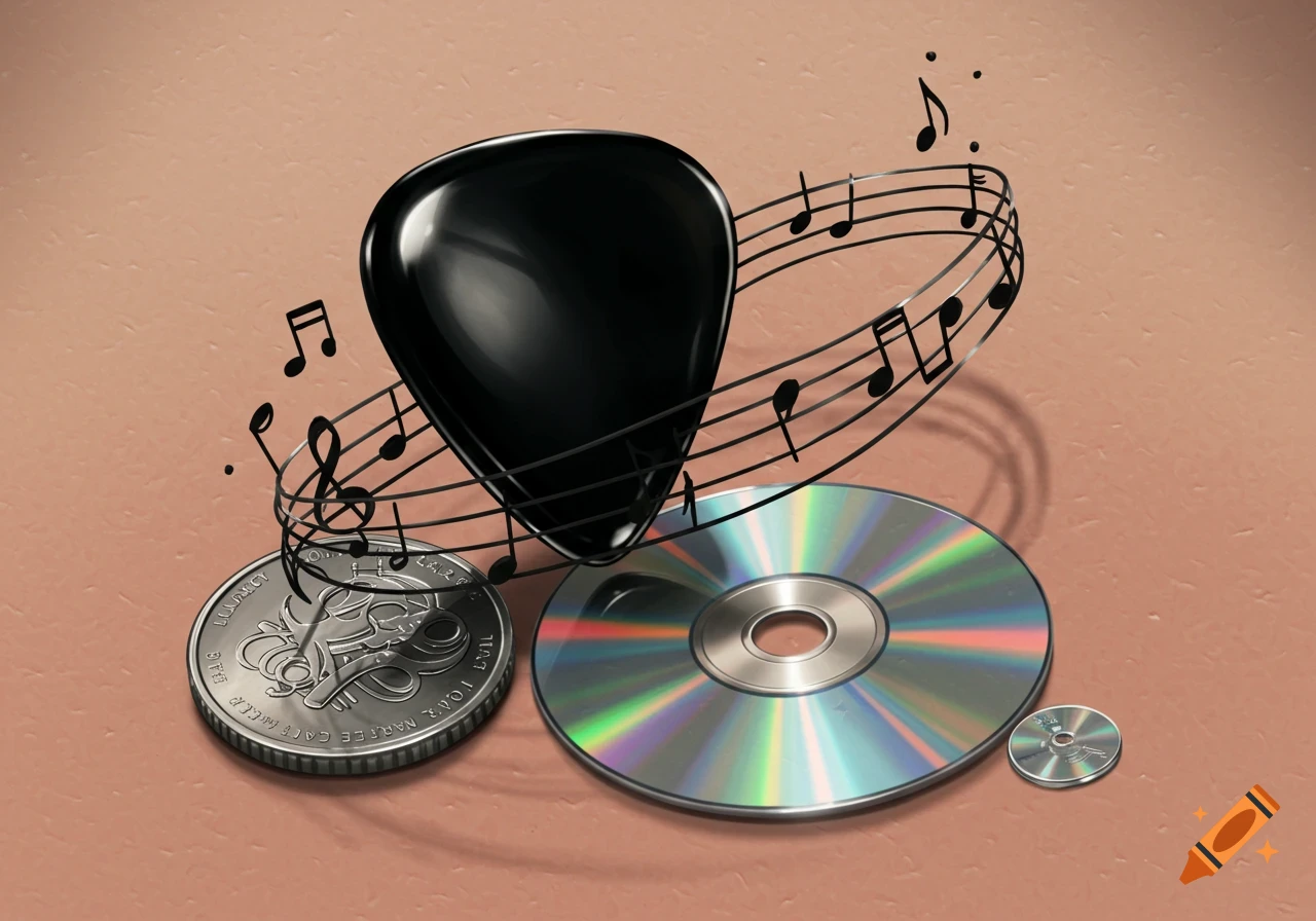 A still life composition featuring a shiny black guitar pick, a music staff with floating musical notes, a silver coin with illegible text, a large CD, and a smaller CD, all on a peach-colored surface.