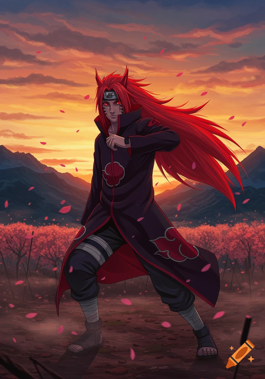 An anime character with long red hair and a black cloak with red cloud symbols stands in a field with pink trees under a sunset sky.
