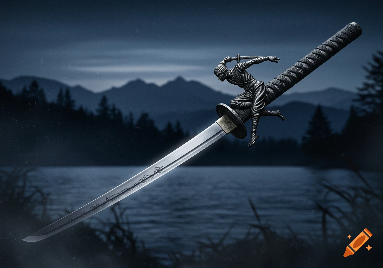 A large katana-style sword with a detailed ninja figure climbing its hilt, set against a dark, moody landscape with a lake and mountains at dusk.