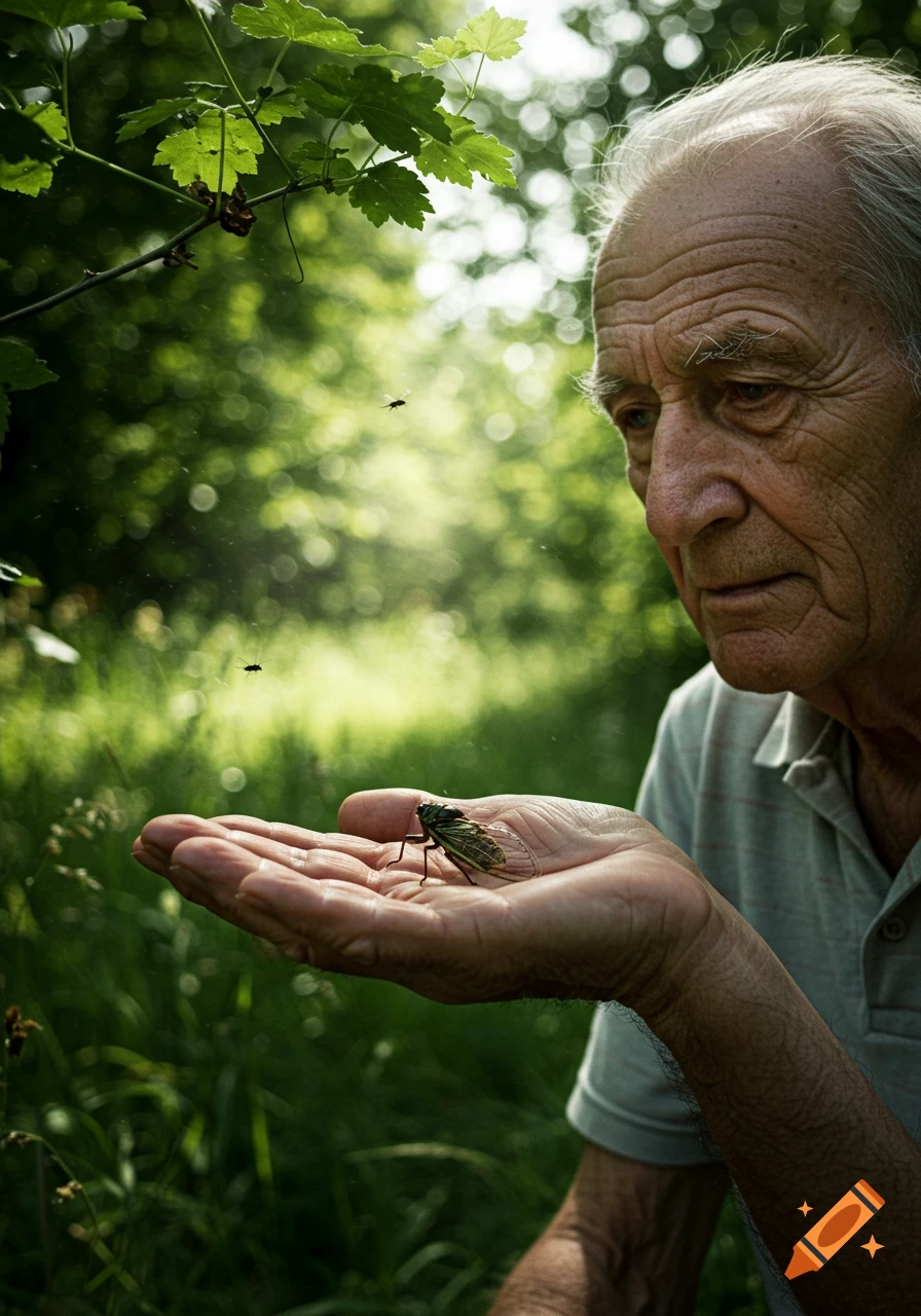 An old man looks intently at a cicada resting on his outstretched hand in a lush, sunlit natural setting. Photorealistic.