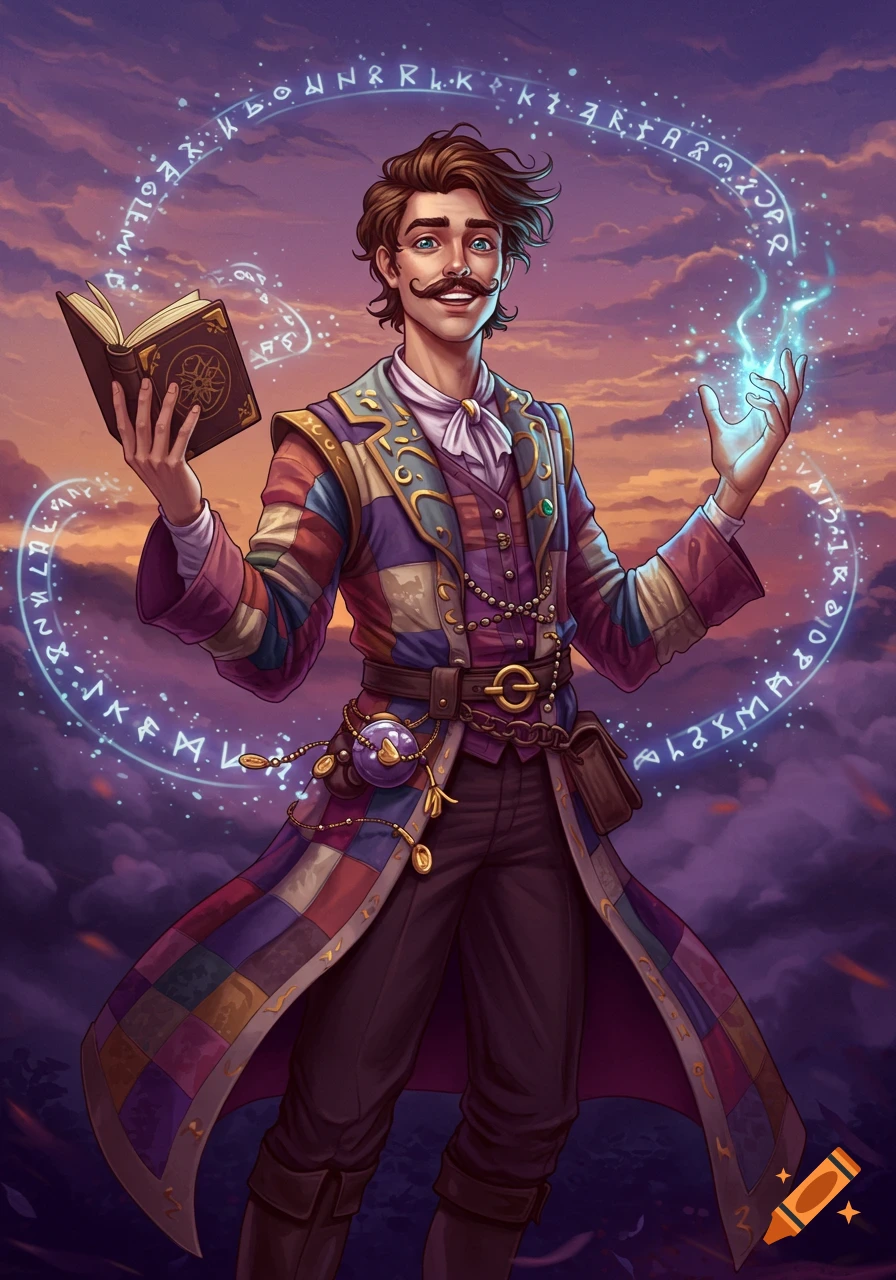A handsome, moustached sorcerer in a colorful patchwork coat holds a spell book and casts a spell, surrounded by glowing runes.